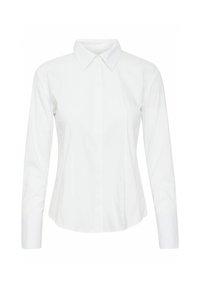 Camicia bianca a maniche lunghe realizzata in tessuto liscia, con colletto a punta e chiusura con bottoni sul davanti, dal taglio aderente e senza fantasie.