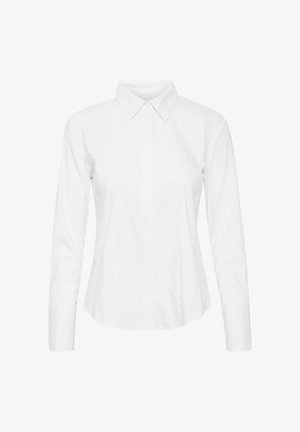 Chemise blanche à manches longues en tissu lisse, avec un col pointu et une fermeture à boutons sur le devant, avec une coupe cintrée et sans motifs.