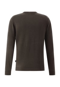 Dunkelbrauner Pullover aus Strickmaterial, mit langen Ärmeln, Rundhalsausschnitt, geripptem Saum und Bündchen, glatte Textur mit minimalen Details.