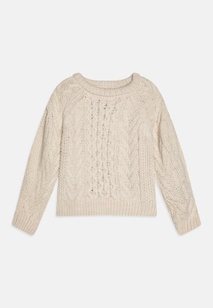 Krémszínű, cable-knit pulóver széles nyakkivágással, hosszú ujjakkal és bordás szegéllyel. Aprólékosan kidolgozott mintázatokkal díszítve.