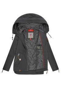 Dark gray jacket with a hood, featuring a textured exterior, red accents, multiple zippered pockets, and a quilted interior lining.