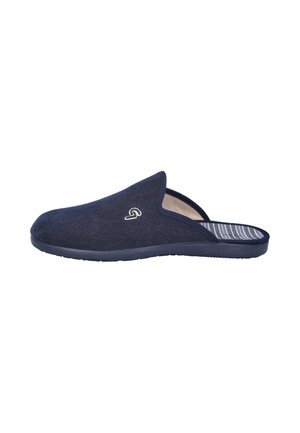 Zapatilla azul marino sin cordones con puntera cerrada, parte superior de tela suave, pequeño logotipo en el lateral y plantilla acolchada a rayas.
