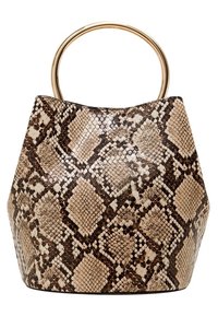 Sac à main texturé beige avec un motif imprimé serpent, doté d'une large anse dorée arrondie et d'une base effilée.