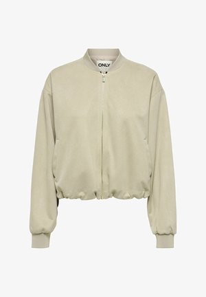 Bež bejzbol jakna u kroju s prednjim patentnim zatvaračem, rebrastim ovratnikom i manšetama te bočnim džepovima, izrađena od teksturiranog materijala.