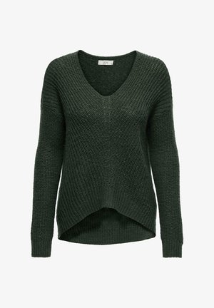 Pull en tricot vert avec un col en V, des manches longues et un ourlet asymétrique. Tissu texturé avec une coupe décontractée et des poignets côtelés.
