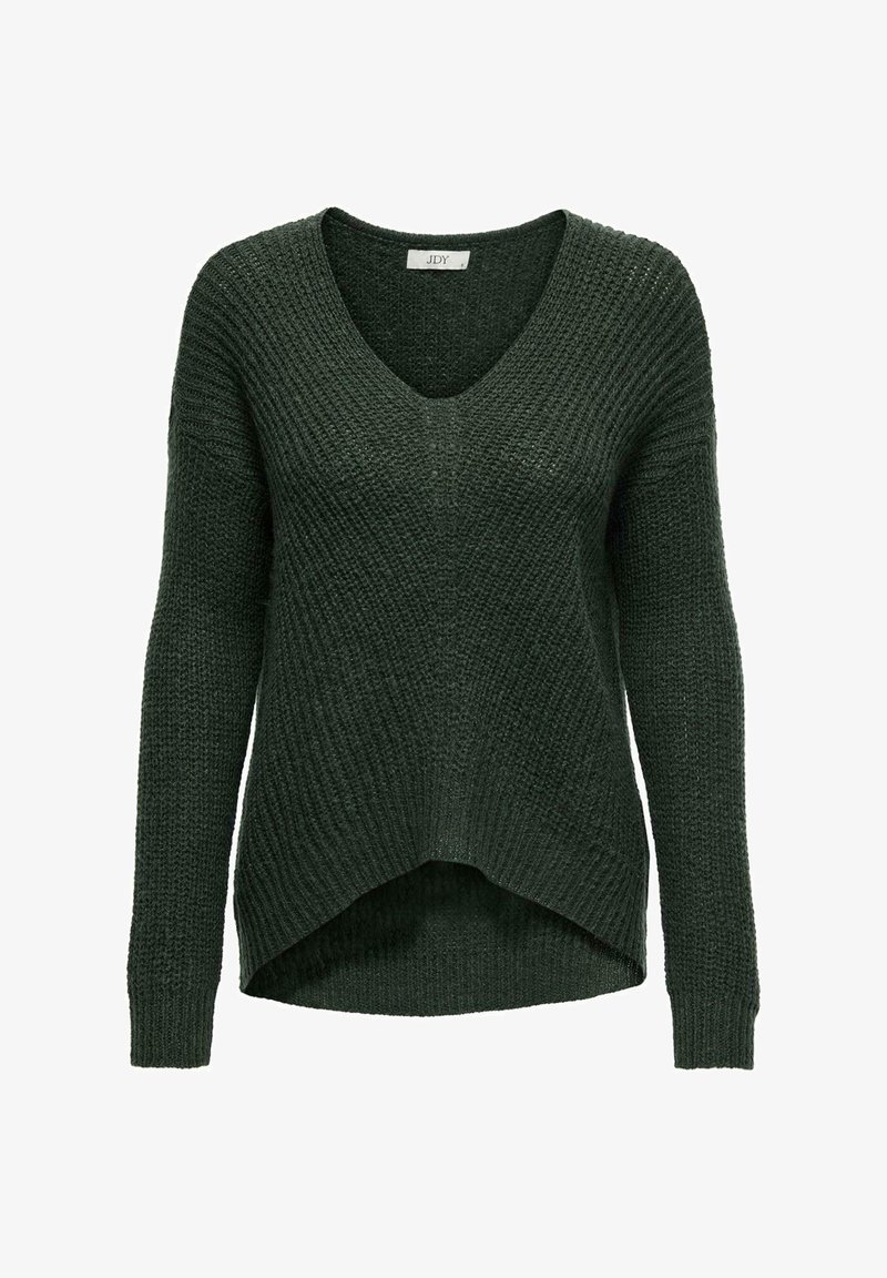 Grüner Strickpullover mit V-Ausschnitt, langen Ärmeln und asymmetrischem Saum. Texturiert mit einem lässigen Schnitt und gerippten Bündchen.