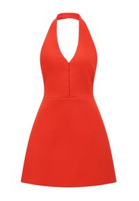 Crvena halter haljina s dubokim V-izrezom, uskim korzetom i raširenim suknjom. Glatka tekstura s minimalističkim dizajnom i jednim dugmetom za zatvaranje.