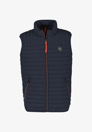 Granatowa kamizelka puchowa z wysokim kołnierzem, lekkim designem, pikowaną strukturą i kontrastowym pomarańczowym zamkiem błyskawicznym. Posiada dwie boczne kieszenie na zamek.