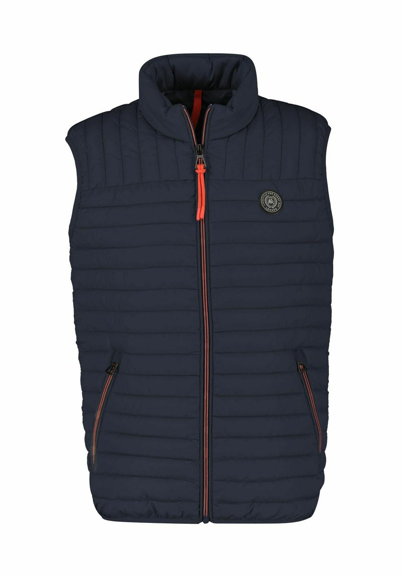 Navy puffer vest with high collar, lightweight design, quilted texture, and contrasting orange zipper. Features two zippered side pockets.
