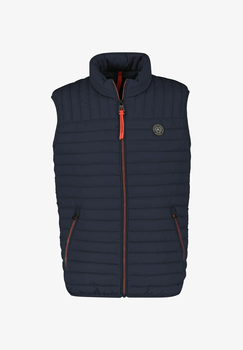 Marineblaue Steppweste mit hohem Kragen, leichtem Design, gestepptem Muster und kontrastierendem orangefarbenem Reißverschluss. Verfügt über zwei seitliche Reißverschlusstaschen.