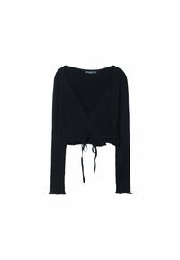 Black ribbed long-sleeve cropped top with a V-neckline, adjustable tie at the hem, and frilled edges. Smooth texture and fitted design.