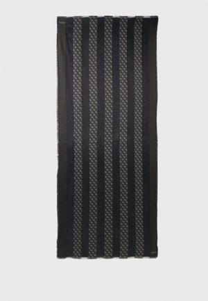 Black and gray striped scarf with alternating solid and patterned vertical bands, featuring small repeating logos and fringe edges.