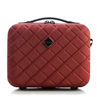 Red quilted hard-shell case with a black handle, a diamond logo, and zip closure. Features a textured surface and rectangular shape.