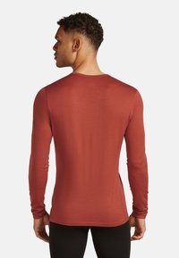 Långärmad, åtsittande skjorta i rödbrun färg, tillverkad av ett mjukt tyg. Har en rund halsringning och sidokilar vid fållen för ökad rörelse.