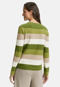 Strickpullover mit horizontalen Streifen in Grün, Hellgrün, Beige und Weiß. Rundhalsausschnitt und lange Ärmel, mit einer strukturierten Oberfläche.