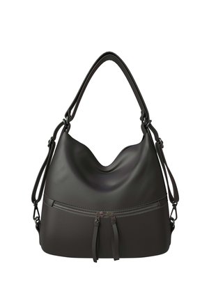 Black leather shoulder bag with a wide handle, front zip pocket with double zipper pulls, and adjustable side straps.