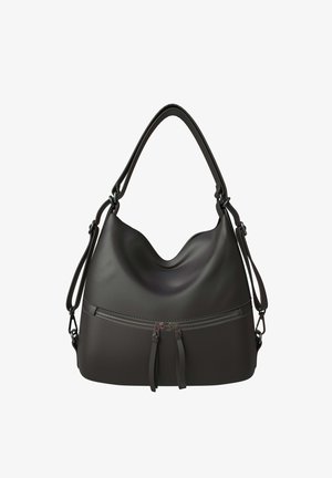 Schwarze Leder-Schultertasche mit breitem Griff, Frontreißverschlusstasche mit doppeltem Reißverschluss und verstellbaren Seitenträgern.