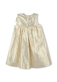 Robe sans manches, longueur genou en tissu doré clair avec une surface texturée et brillante. Détail de taille froncée et fermeture éclair au dos.