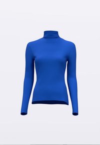 Modra majica z visokim ovratnikom in dolgimi rokavi, iz gladkega, raztegljivega materiala in oprijetega kroja, primerna za slojevanje ali priložnostno nošnjo.