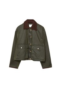 Giacca cropped verde oliva con colletto e polsini in corduroy marrone, bottoni a pressione frontali e due grandi tasche anteriori con patta.