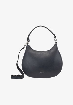 Schwarze, strukturiert gemusterte Lederhandtasche mit kurzem Griff und abnehmbarem langen Schulterriemen, silbernen Beschlägen und kleinem "JOOP!" Logo auf der Vorderseite.