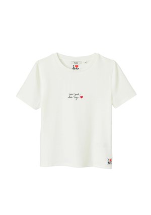 T-shirt en coton blanc à manches courtes, avec un motif en texte manuscrit noir "new-york has my" et un cœur rouge. Petite étiquette logo à l'ourlet.