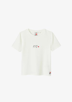 T-shirt en coton blanc à manches courtes, avec un motif en texte manuscrit noir "new-york has my" et un cœur rouge. Petite étiquette logo à l'ourlet.