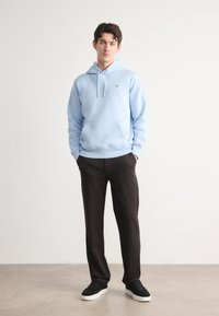 Light blue hooded sweatshirt with a front pocket, paired with dark brown trousers and black sneakers. Simple design with a relaxed fit.