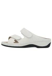 White open-toed sandals with a textured synthetic upper, two adjustable Velcro straps, and a black rubber sole. Rounded shape, minimalistic design.