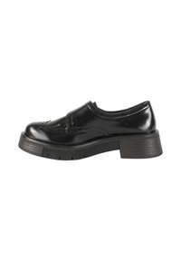 Scarpa in pelle nera con finitura lucida, punta arrotondata e dettagli cuciti. Presenta un tacco spesso e texturizzato e una suola rinforzata.