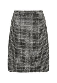 Zwart-witte tweed A-lijnrok met een gestructureerd oppervlak, voorzien van een subtiele ruitjespatroon en een tailleband voor een veilige pasvorm.