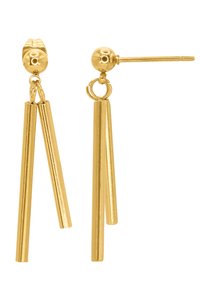 Goldfarbene Ohrringe mit drei länglichen, röhrenförmigen Anhängern, die von einem kreisförmigen Stecker hängen und ein elegantes, glänzendes Finish aufweisen.