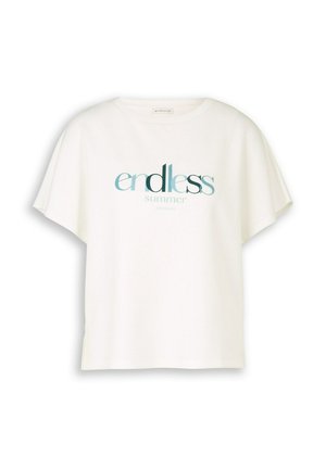 Valge lühikeste varrukatega T-särk, mille eesosas on sinise ja rohelise toonides tekst "endless summer", ümara kaelusega ja lõdva istuvusega.