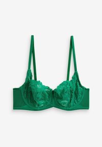 Groene kant-beha met beugels, voorzien van geborduurde kant-en-onderdelen en verstelbare bandjes. Glad stoffen basis met gegolfde randen.