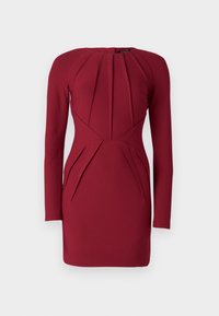 Mekko, jossa on pitkät hihat ja istuva malli, syvä burgundin värissä. Vaatteessa on pleasattu muotoilu bodice-osassa ja sivuilla, pyöreä kaula-aukko ja jämäkkä siluetti.