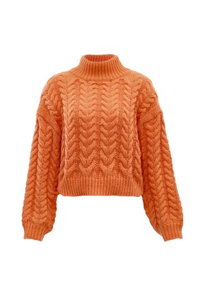 Orange chunky strikket sweater med kabelmønstre, lange ærmer, ribstrikkede manchetter, kant og en ribstrikket høj hals.