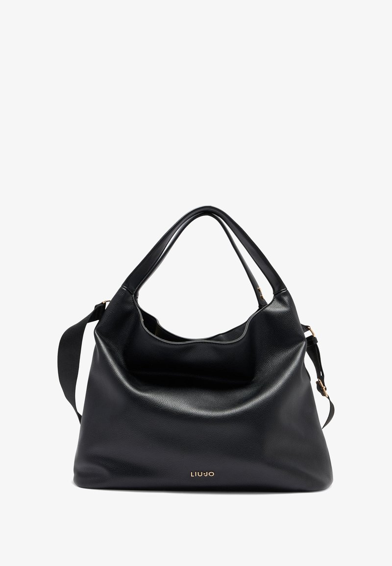 Borsa a tracolla in pelle nera con un design morbido, dotata di un manico superiore singolo e tracolla regolabile. Logo impresso sul fronte.