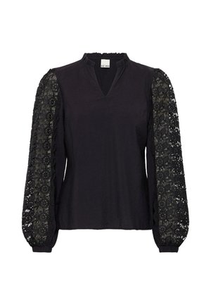 Blusa nera con scollatura a V, caratterizzata da intricate maniche a sbuffo in pizzo nero e polsini elastici. Tessuto morbido con dettagli testurizzati.