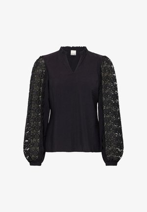 Schwarze Bluse mit V-Ausschnitt, ausgestattet mit aufwendigen schwarzen Spitzenpuffärmeln und elastischen Bündchen. Weicher Stoff mit strukturierten Details.