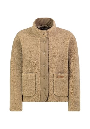 Beige Sherpa-Fleecejacke mit Stehkragen, Druckknöpfen vorne und zwei großen aufgesetzten Fronttaschen.