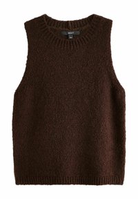 Brauner, gestrickter ärmelloser Pullover mit rundem Ausschnitt. Grob gestrickte Textur, gerippter Saum am Hals und am unteren Rand, mit einem Etikett am Ausschnitt.