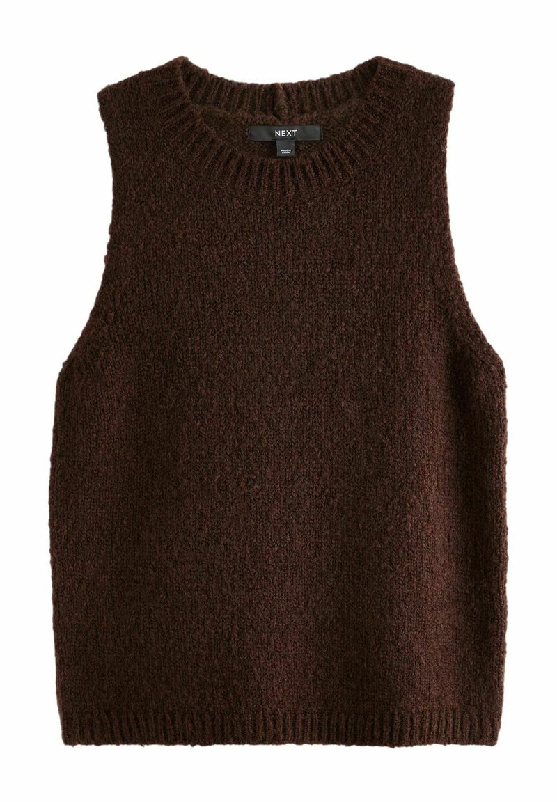 Brauner, gestrickter ärmelloser Pullover mit rundem Ausschnitt. Grob gestrickte Textur, gerippter Saum am Hals und am unteren Rand, mit einem Etikett am Ausschnitt.