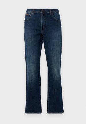 Jeans a palazzo in denim blu scuro con cinque tasche, chiusura con bottone frontale e un leggero sbiadimento sulle cosce per una variazione di texture.