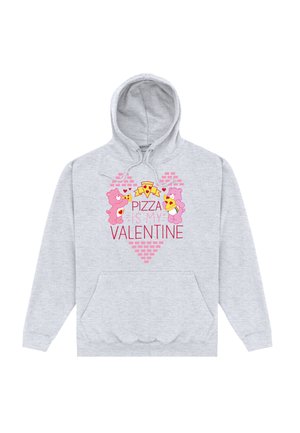 Lys grå hættetrøje med to lyserøde bjørne, der holder pizzastykker, og teksten "Pizza is my Valentine" indeni et lyserødt murstenshjerte.