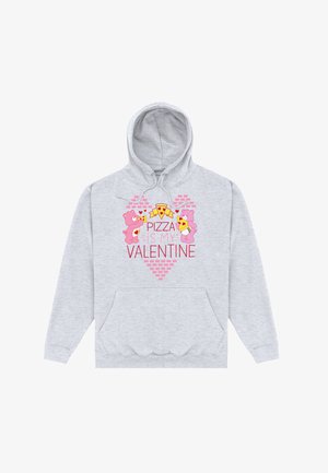 Jasnoszara bluza z kapturem z dwoma różowymi misiami trzymającymi kawałki pizzy i napisem „Pizza is my Valentine” wewnątrz różowego, ceglanego serca.