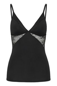 Top de cóctel negro sin mangas con tirantes finos, escote en V y paneles de encaje de malla debajo del pecho y a los lados.
