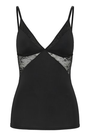 Svart cami-top med tynne stropper, V-hals og blonde mesh-paneler under brystet og på sidene.