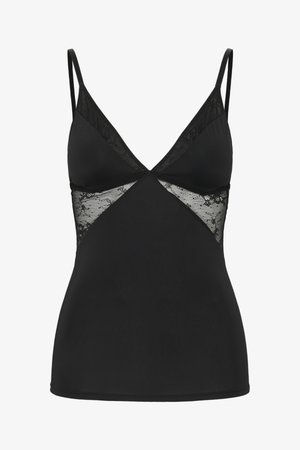 Juoda camisole tipo palaidinė su plonomis petnešomis, V formos iškirpte ir nėriniuotomis tinklelio detalėmis po krūtine bei šonose.