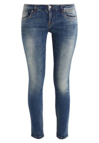 Trånga jeans i blekt blå denim. Har en klassisk femfickedesign, dragkedja och subtila slitningar på låren. Slät textur.