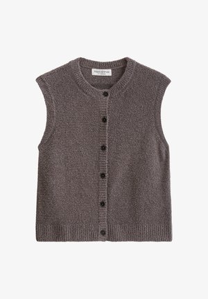 Brauner ärmelloser Strickjackenpullover, strukturierter Strickstoff, gerippter Ausschnitt und Saum, mit schwarzen Knöpfen in der Mitte vorne.